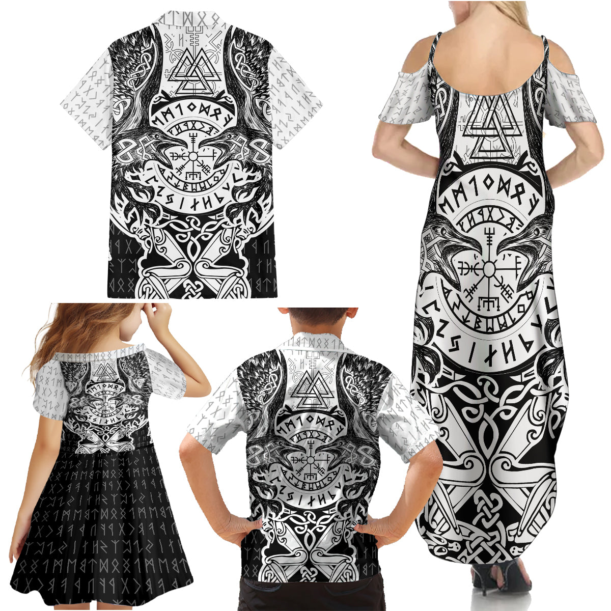 Viking Tattoo Family Matching Summer Maxi Dress and Hawaiian Shirt Hugin And Munin Asgardian Ravens Grunge Art - Wonder Print Shop