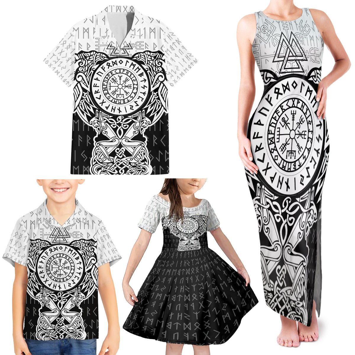 Viking Tattoo Family Matching Tank Maxi Dress and Hawaiian Shirt Hugin And Munin Asgardian Ravens Grunge Art - Wonder Print Shop