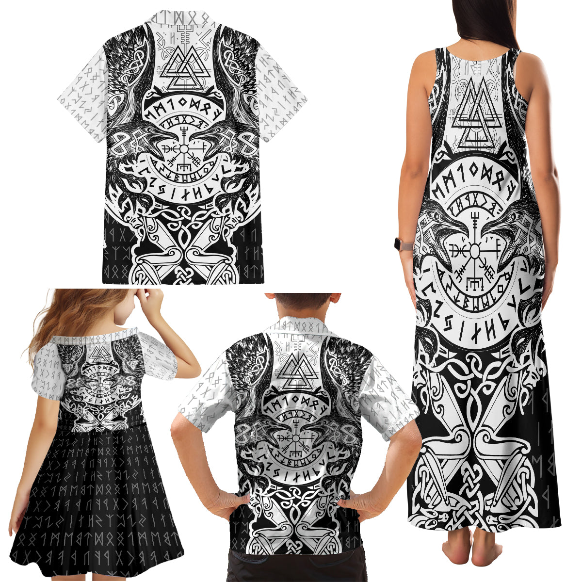 Viking Tattoo Family Matching Tank Maxi Dress and Hawaiian Shirt Hugin And Munin Asgardian Ravens Grunge Art - Wonder Print Shop