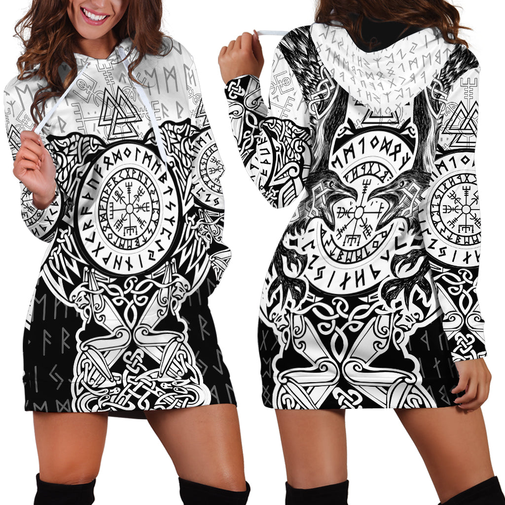 Viking Tattoo Hoodie Dress Hugin And Munin Asgardian Ravens Grunge Art - Wonder Print Shop