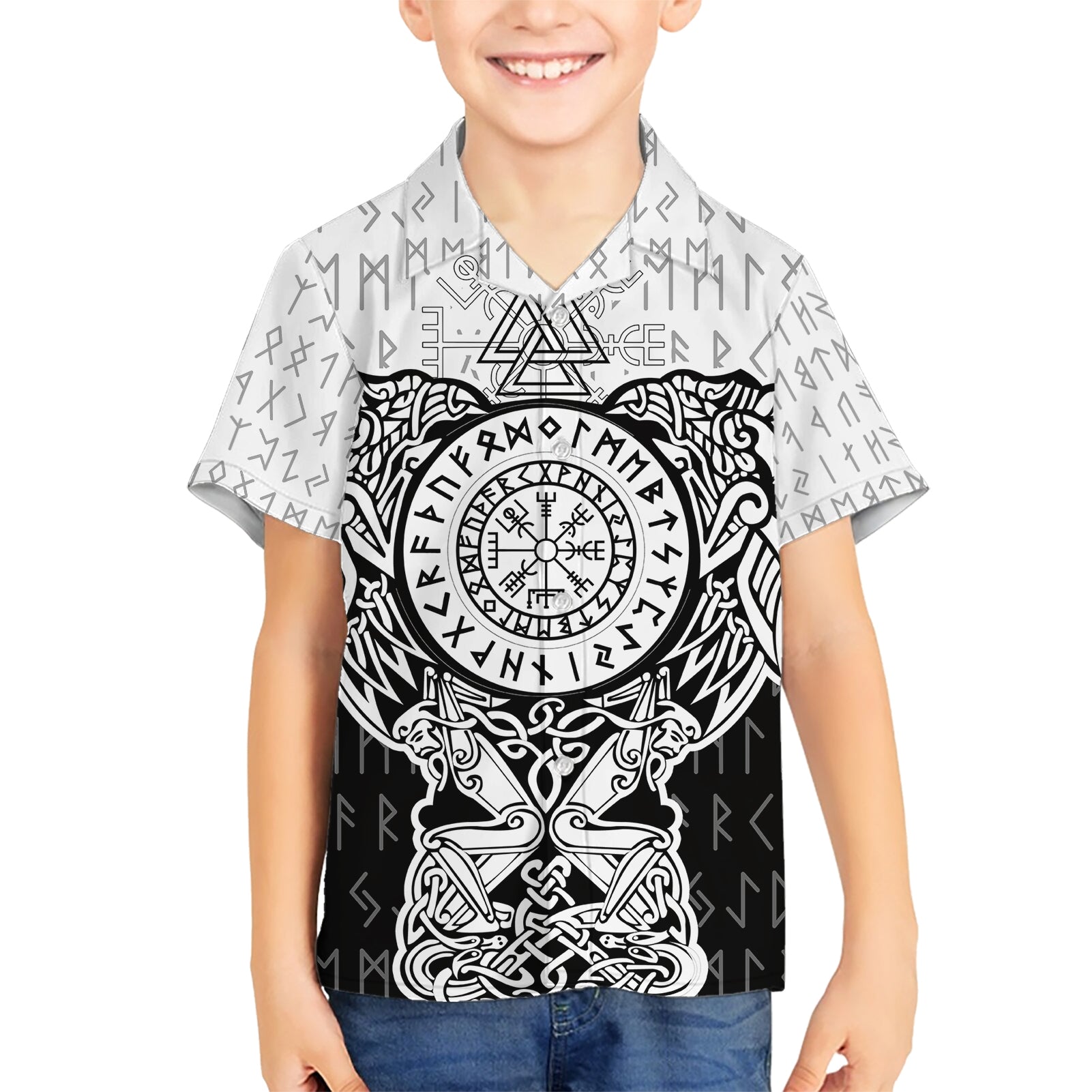 Viking Tattoo Kid Hawaiian Shirt Hugin And Munin Asgardian Ravens Grunge Art - Wonder Print Shop