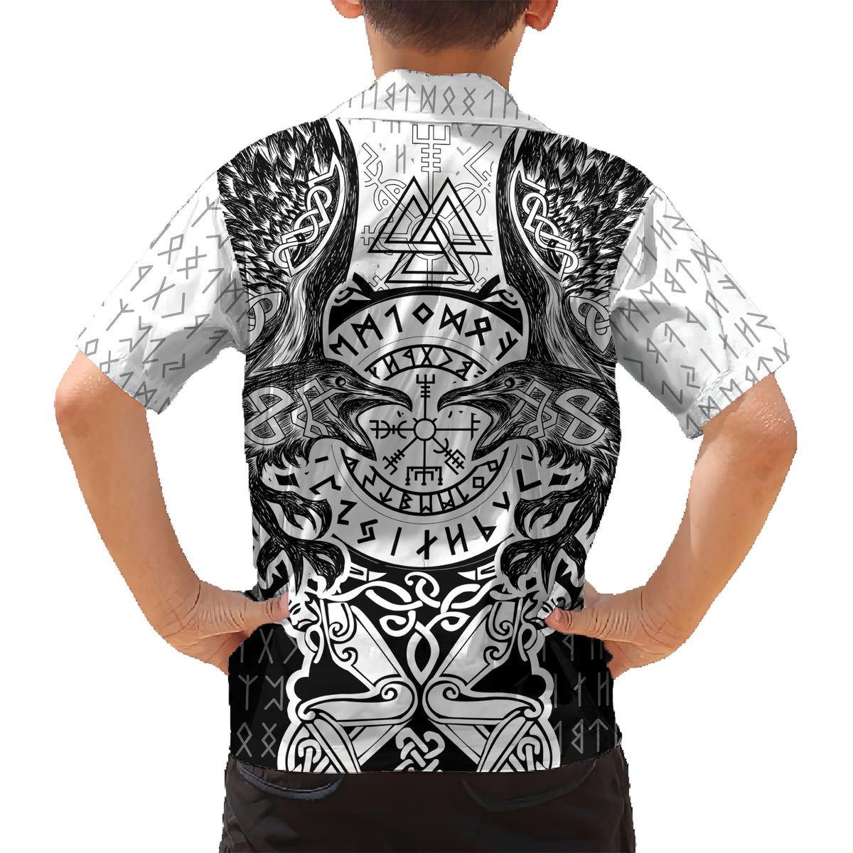 Viking Tattoo Kid Hawaiian Shirt Hugin And Munin Asgardian Ravens Grunge Art - Wonder Print Shop