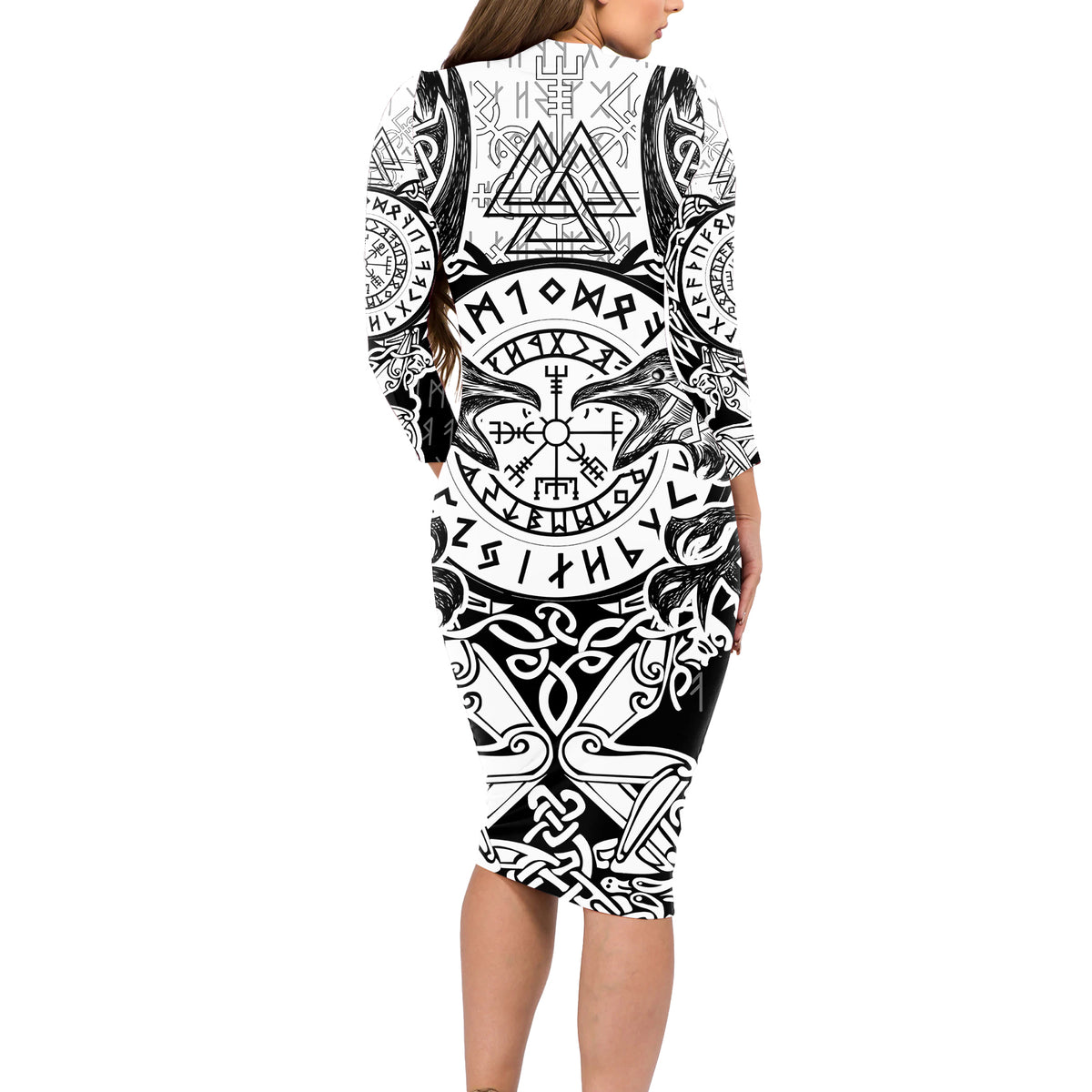 Viking Tattoo Long Sleeve Bodycon Dress Hugin And Munin Asgardian Ravens Grunge Art - Wonder Print Shop