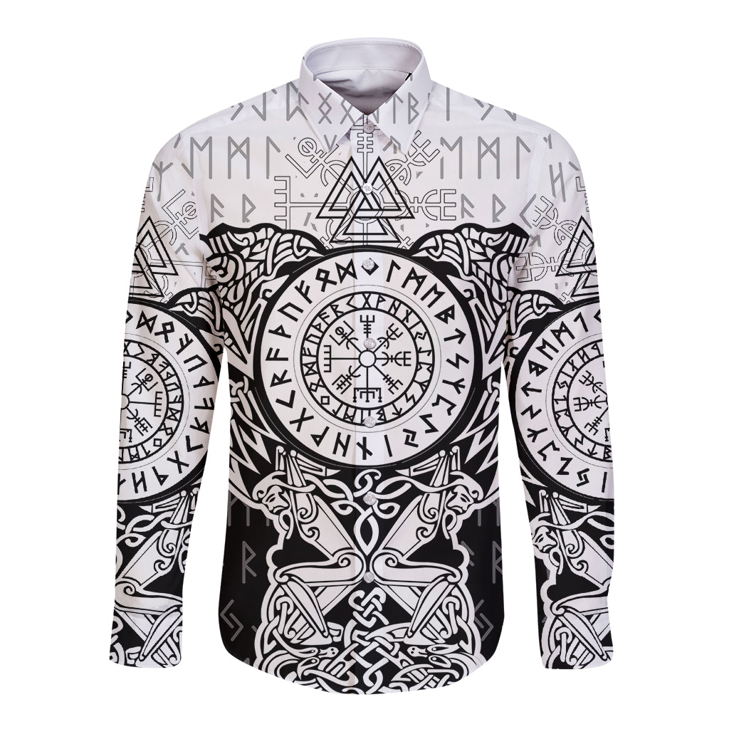 Viking Tattoo Long Sleeve Button Shirt Hugin And Munin Asgardian Ravens Grunge Art - Wonder Print Shop