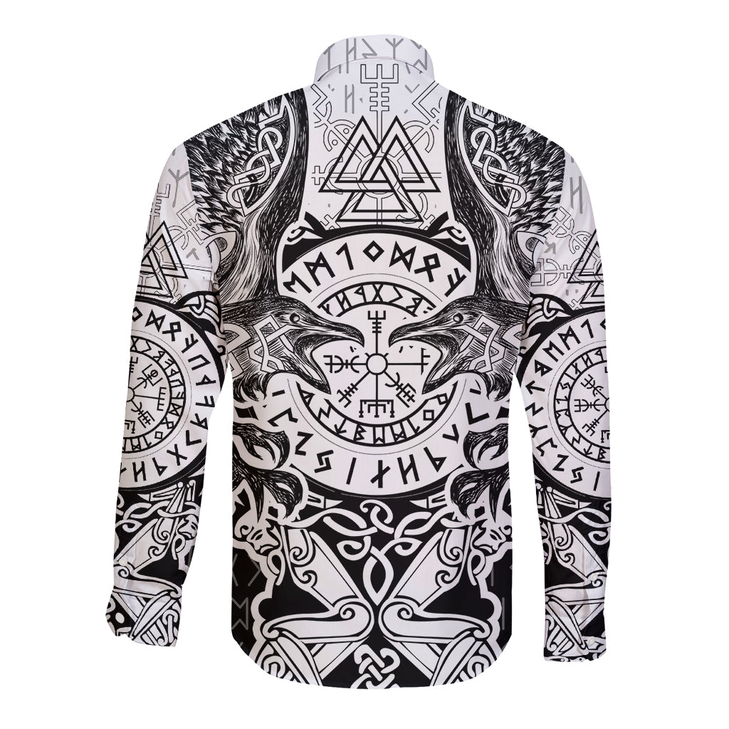 Viking Tattoo Long Sleeve Button Shirt Hugin And Munin Asgardian Ravens Grunge Art - Wonder Print Shop