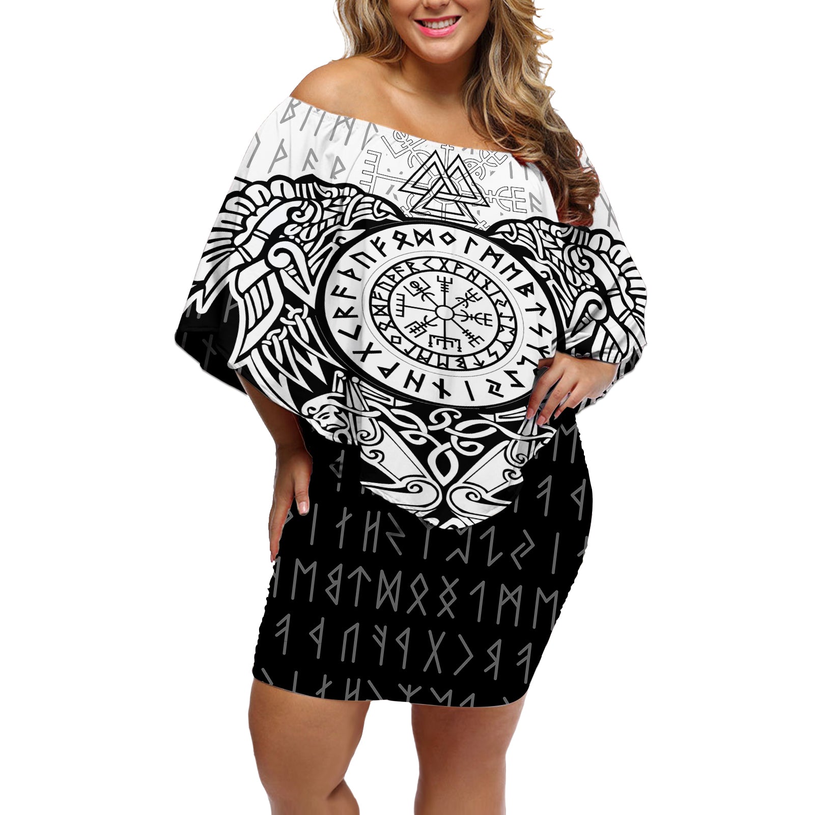 Viking Tattoo Off Shoulder Short Dress Hugin And Munin Asgardian Ravens Grunge Art - Wonder Print Shop