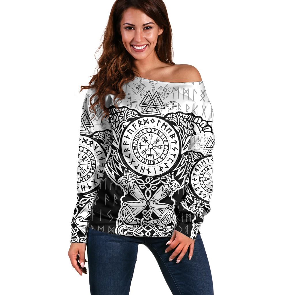 Viking Tattoo Off Shoulder Sweater Hugin And Munin Asgardian Ravens Grunge Art - Wonder Print Shop