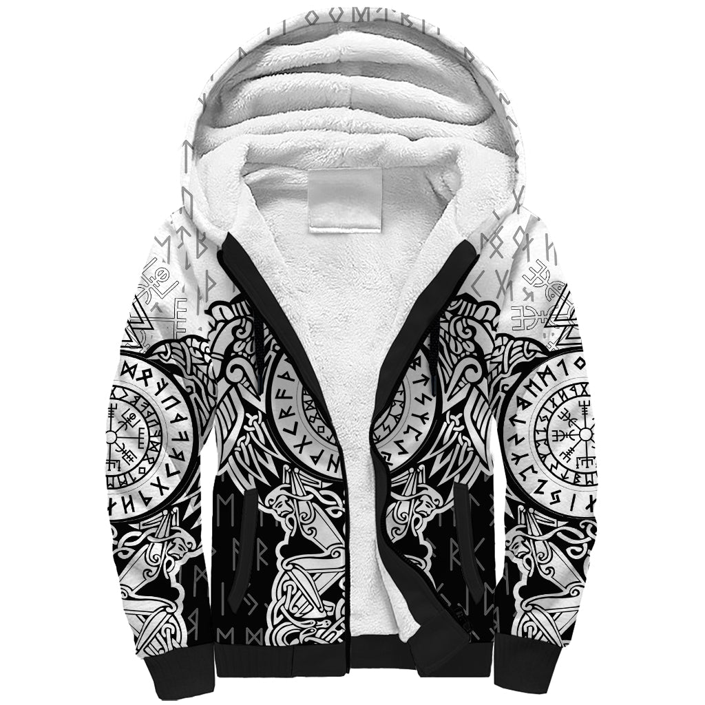 Viking Tattoo Sherpa Hoodie Hugin And Munin Asgardian Ravens Grunge Art - Wonder Print Shop