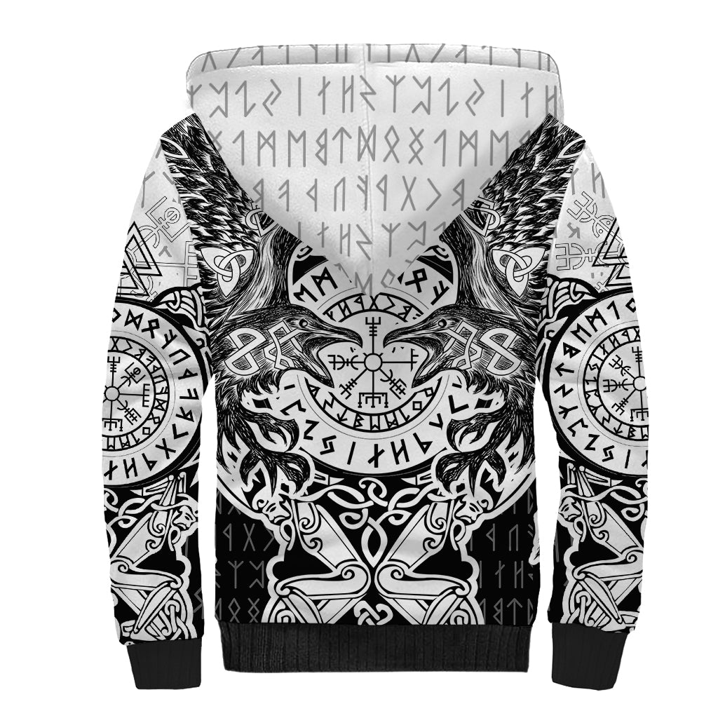Viking Tattoo Sherpa Hoodie Hugin And Munin Asgardian Ravens Grunge Art - Wonder Print Shop