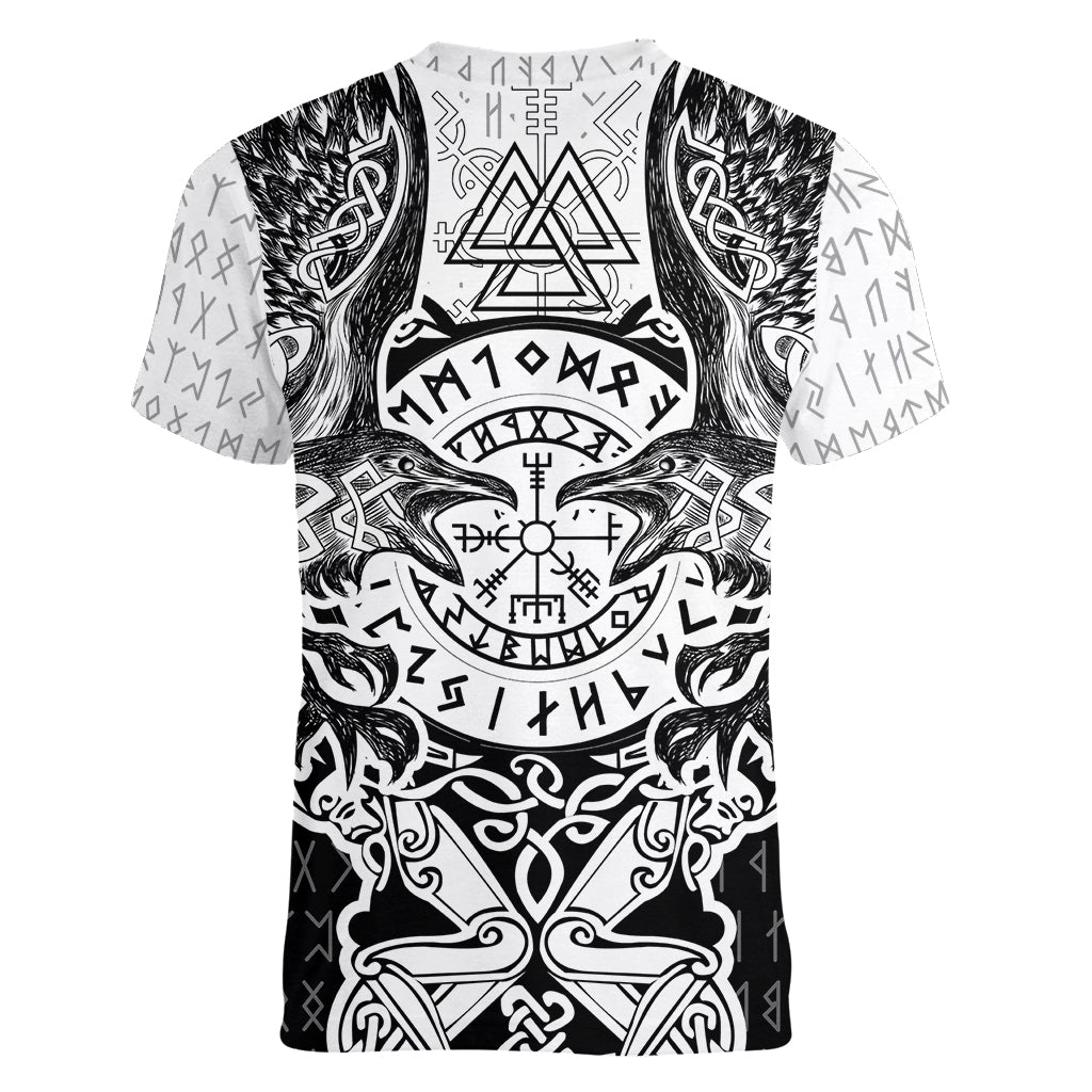 Viking Tattoo Women V Neck T Shirt Hugin And Munin Asgardian Ravens Grunge Art - Wonder Print Shop