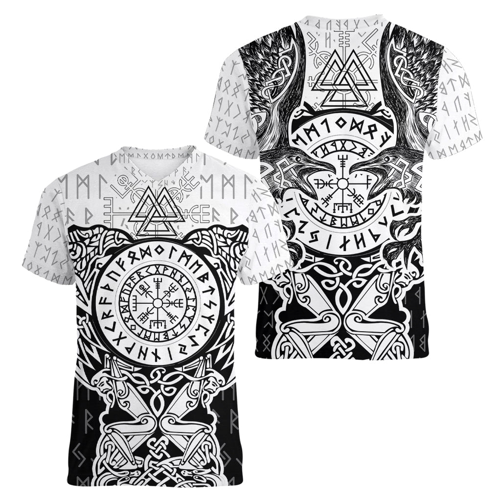 Viking Tattoo Women V Neck T Shirt Hugin And Munin Asgardian Ravens Grunge Art - Wonder Print Shop