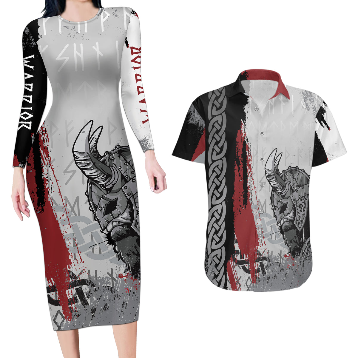 Viking Couples Matching Long Sleeve Bodycon Dress and Hawaiian Shirt Warrior Come To Valhalla - Wonder Print Shop