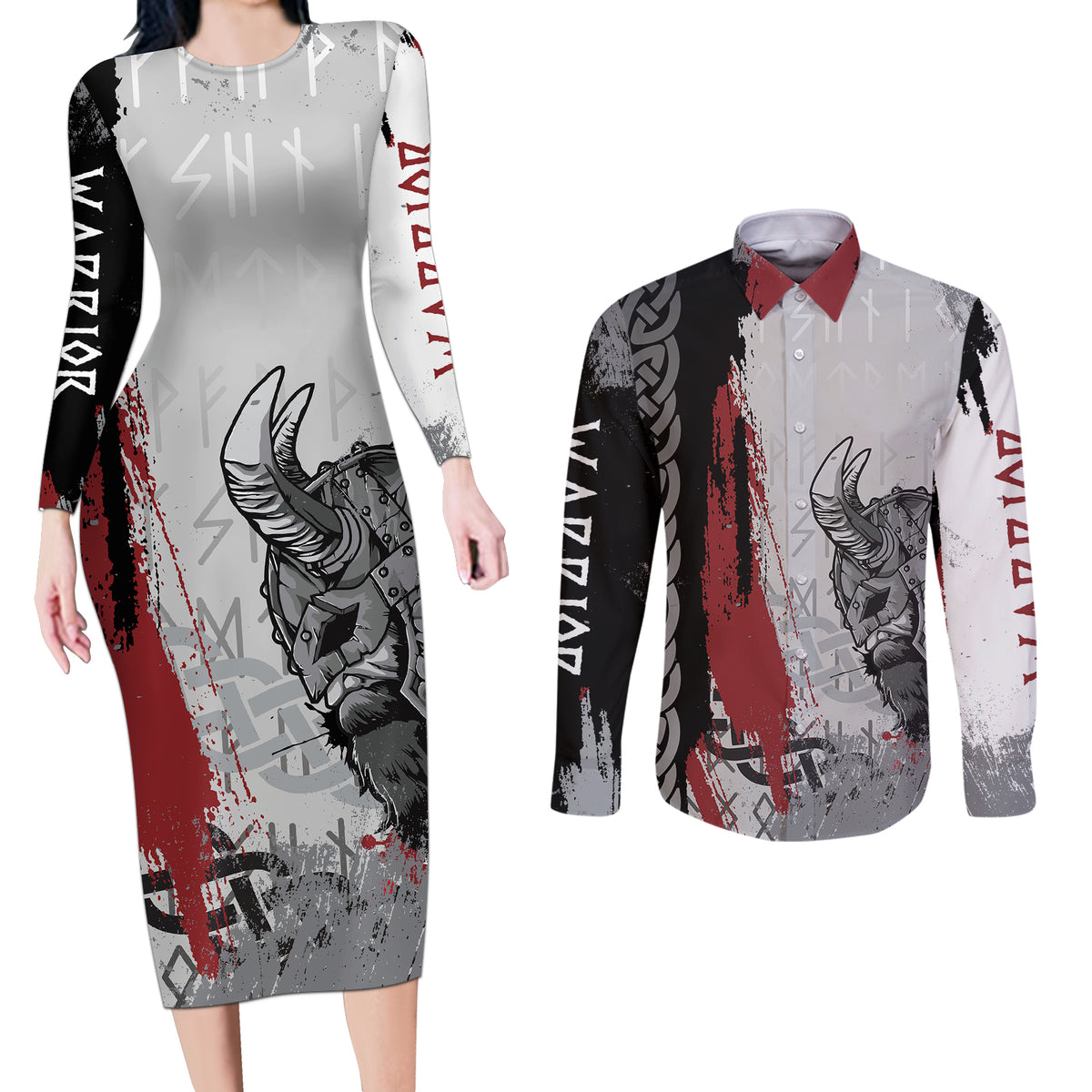Viking Couples Matching Long Sleeve Bodycon Dress and Long Sleeve Button Shirts Warrior Come To Valhalla - Wonder Print Shop