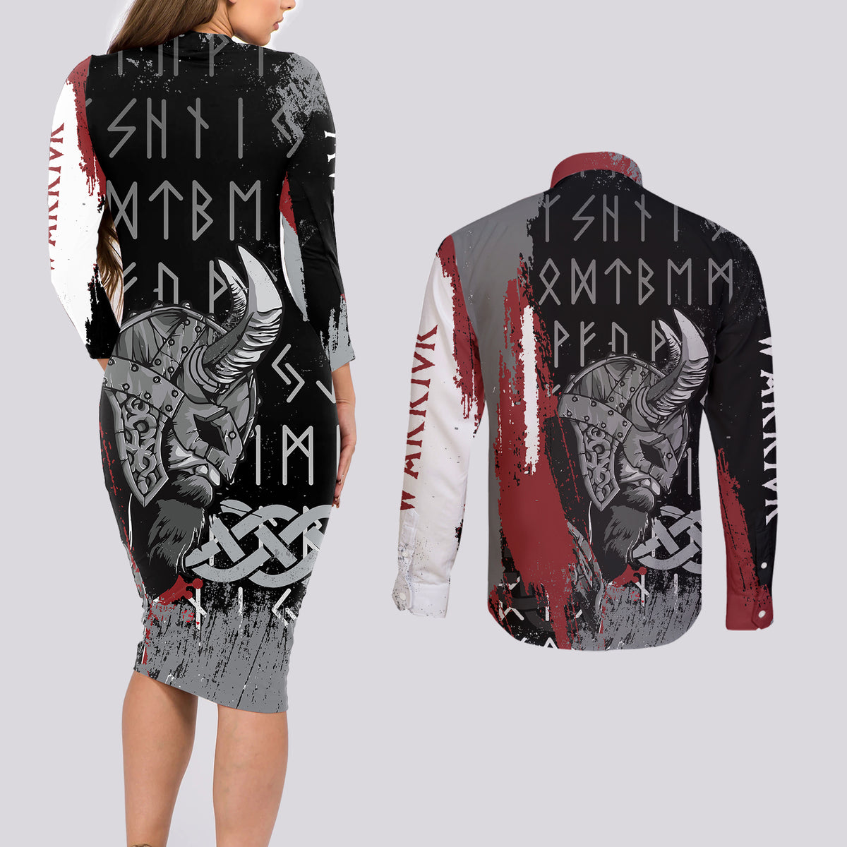Viking Couples Matching Long Sleeve Bodycon Dress and Long Sleeve Button Shirts Warrior Come To Valhalla - Wonder Print Shop