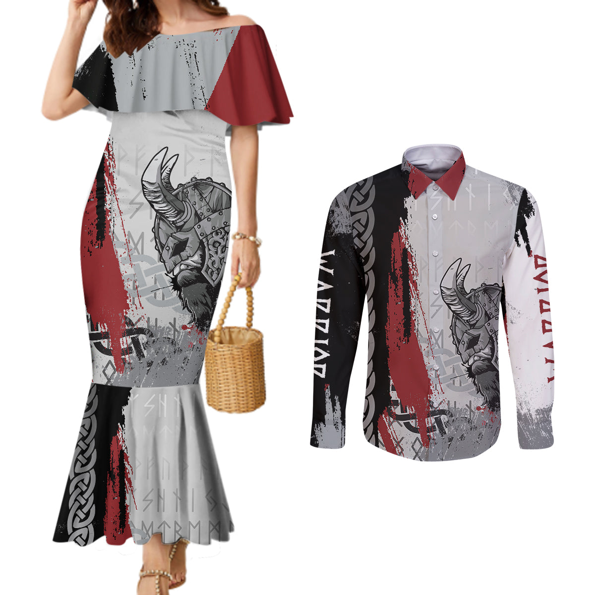 viking-couples-matching-mermaid-dress-and-long-sleeve-button-shirts-warrior-come-to-valhalla