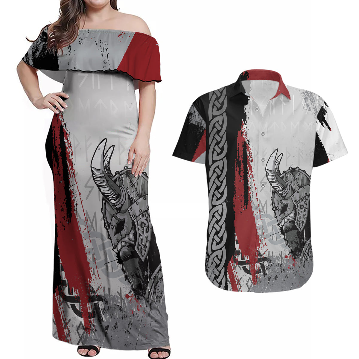Viking Couples Matching Off Shoulder Maxi Dress and Hawaiian Shirt Warrior Come To Valhalla - Wonder Print Shop