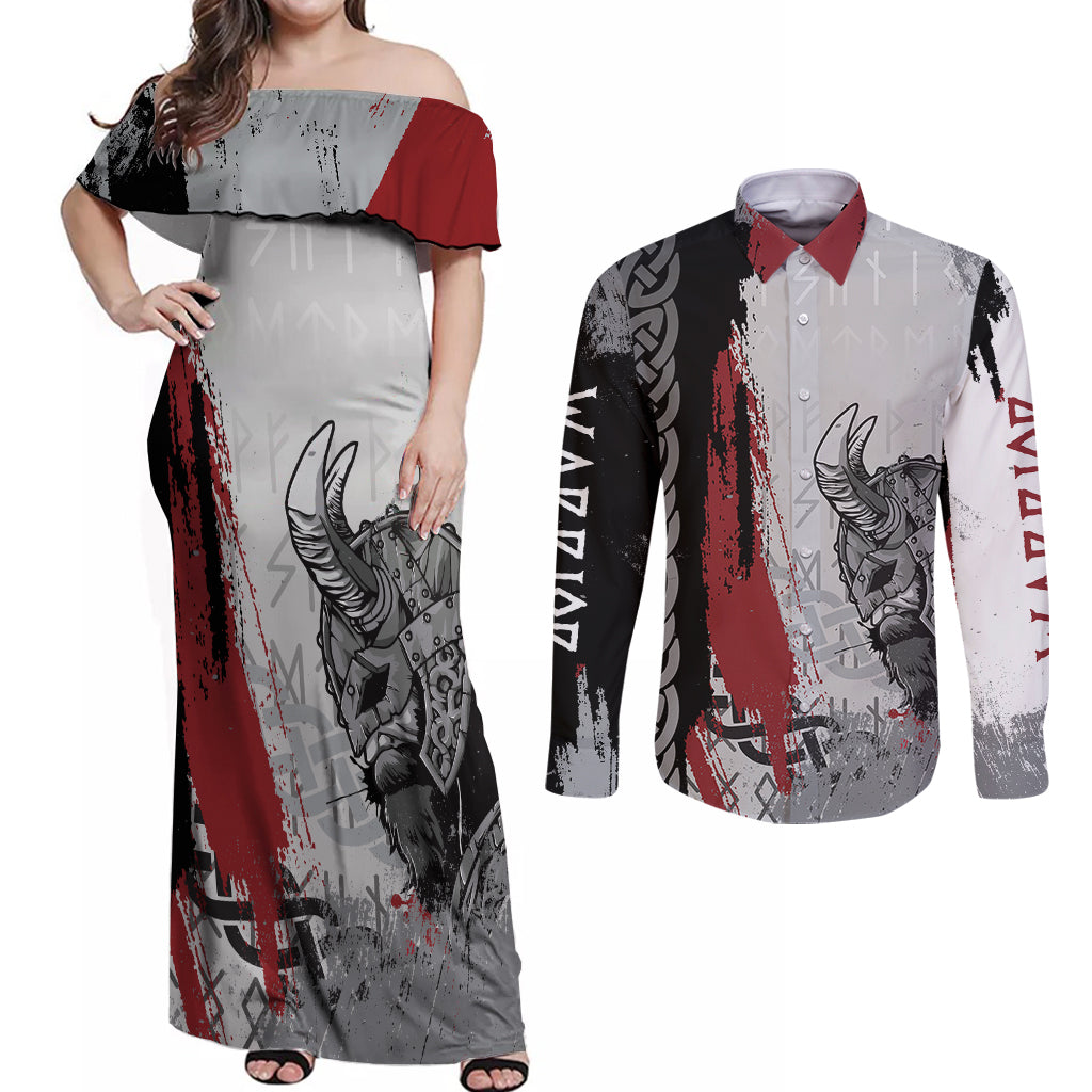 Viking Couples Matching Off Shoulder Maxi Dress and Long Sleeve Button Shirts Warrior Come To Valhalla - Wonder Print Shop
