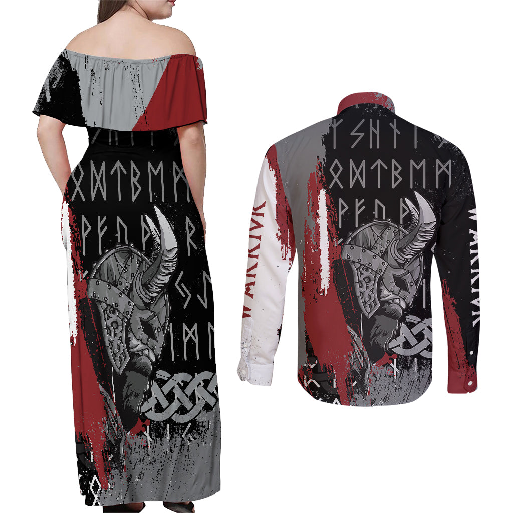 Viking Couples Matching Off Shoulder Maxi Dress and Long Sleeve Button Shirts Warrior Come To Valhalla - Wonder Print Shop