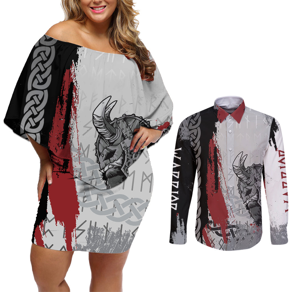 Viking Couples Matching Off Shoulder Short Dress and Long Sleeve Button Shirts Warrior Come To Valhalla - Wonder Print Shop