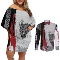 Viking Couples Matching Off Shoulder Short Dress and Long Sleeve Button Shirts Warrior Come To Valhalla - Wonder Print Shop