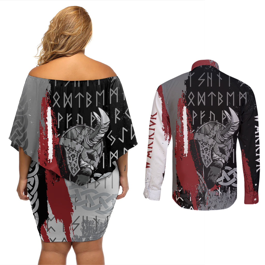 Viking Couples Matching Off Shoulder Short Dress and Long Sleeve Button Shirts Warrior Come To Valhalla - Wonder Print Shop