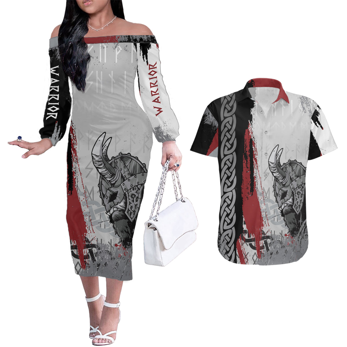 Viking Couples Matching Off The Shoulder Long Sleeve Dress and Hawaiian Shirt Warrior Come To Valhalla - Wonder Print Shop