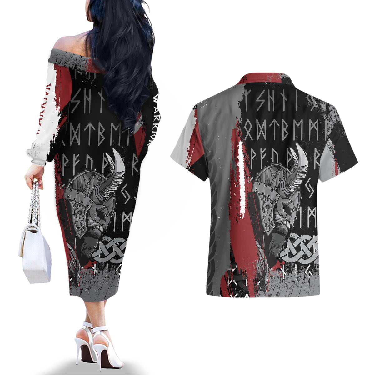 Viking Couples Matching Off The Shoulder Long Sleeve Dress and Hawaiian Shirt Warrior Come To Valhalla - Wonder Print Shop