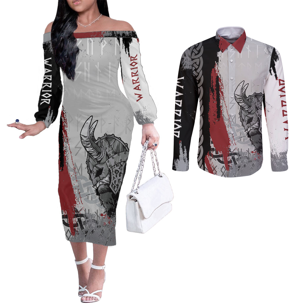 viking-couples-matching-off-the-shoulder-long-sleeve-dress-and-long-sleeve-button-shirts-warrior-come-to-valhalla