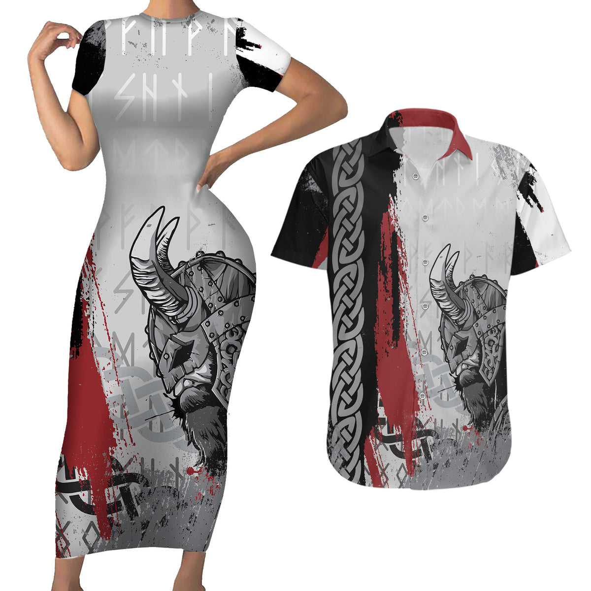 Viking Couples Matching Short Sleeve Bodycon Dress and Hawaiian Shirt Warrior Come To Valhalla - Wonder Print Shop