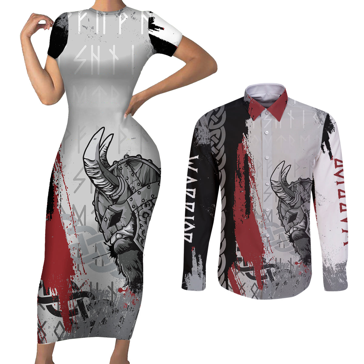 Viking Couples Matching Short Sleeve Bodycon Dress and Long Sleeve Button Shirts Warrior Come To Valhalla - Wonder Print Shop