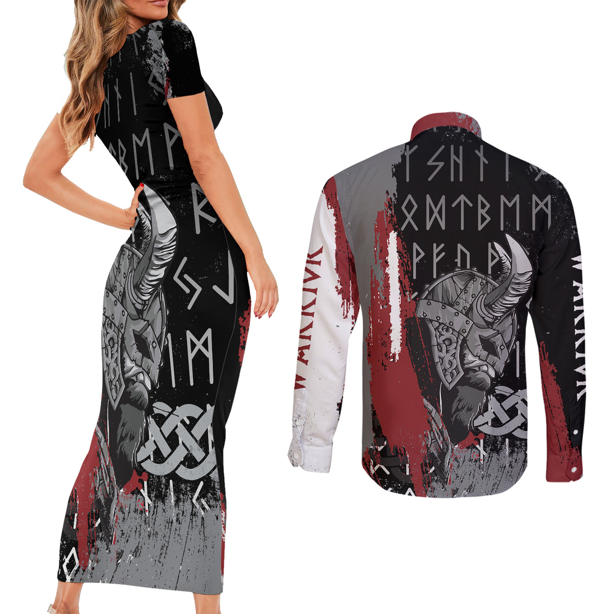 Viking Couples Matching Short Sleeve Bodycon Dress and Long Sleeve Button Shirts Warrior Come To Valhalla - Wonder Print Shop