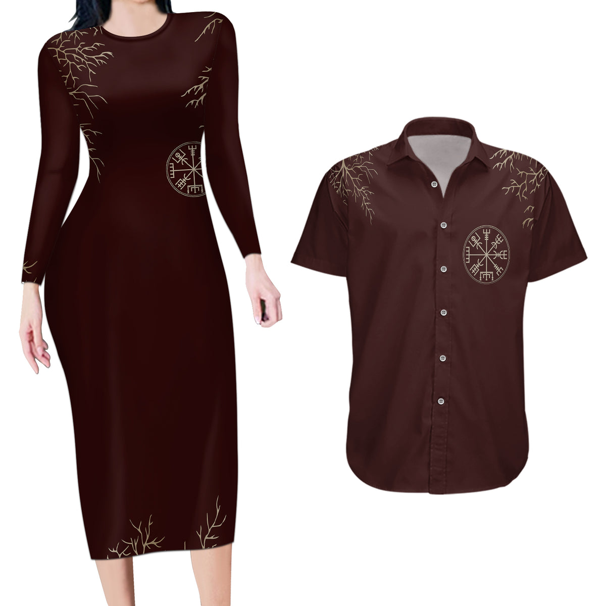 Viking Couples Matching Long Sleeve Bodycon Dress and Hawaiian Shirt Yggdrasil Pattern And Ancient Rune - Wonder Print Shop