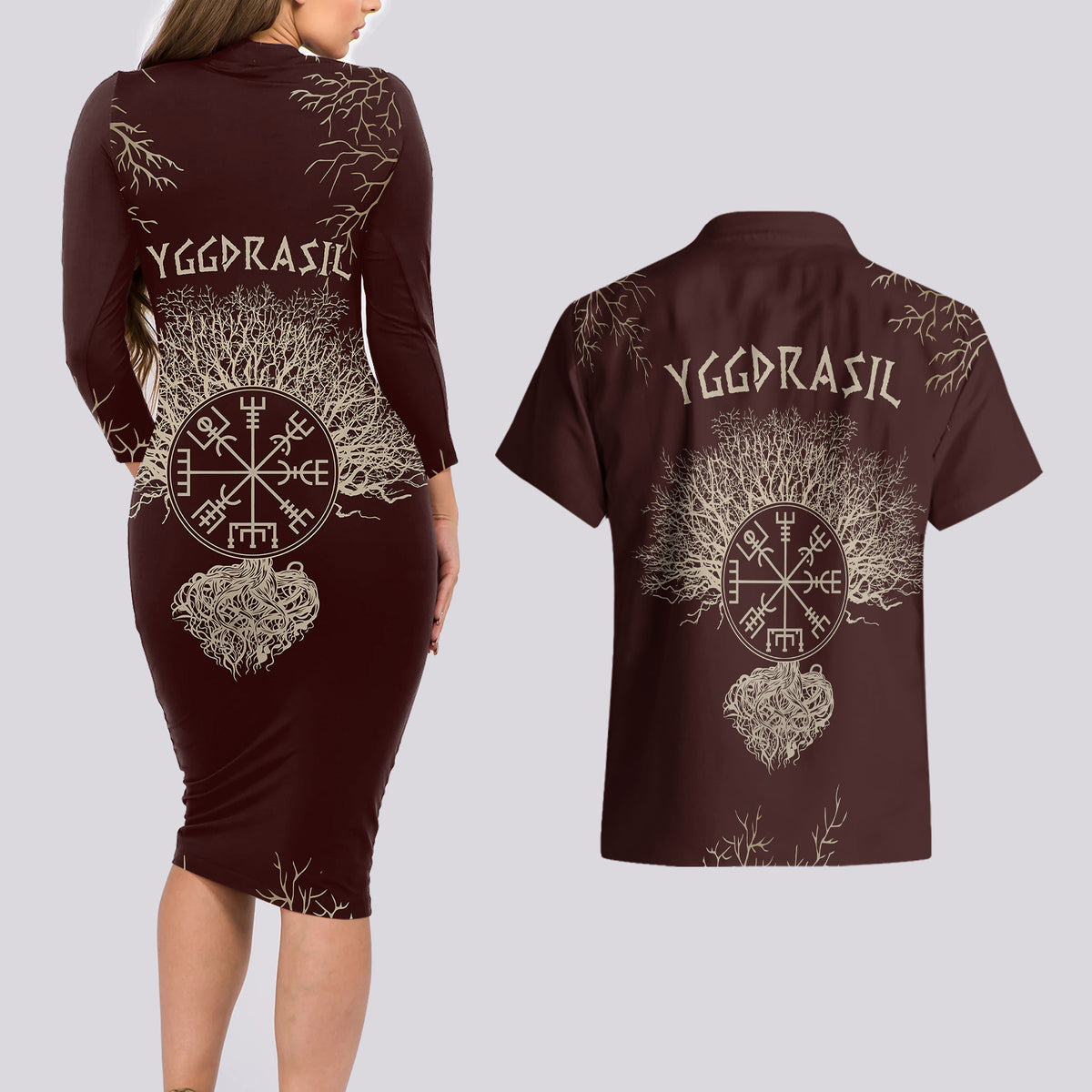 Viking Couples Matching Long Sleeve Bodycon Dress and Hawaiian Shirt Yggdrasil Pattern And Ancient Rune - Wonder Print Shop