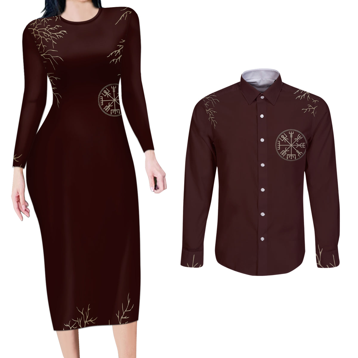 Viking Couples Matching Long Sleeve Bodycon Dress and Long Sleeve Button Shirts Yggdrasil Pattern And Ancient Rune - Wonder Print Shop