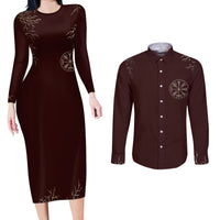 Viking Couples Matching Long Sleeve Bodycon Dress and Long Sleeve Button Shirts Yggdrasil Pattern And Ancient Rune - Wonder Print Shop