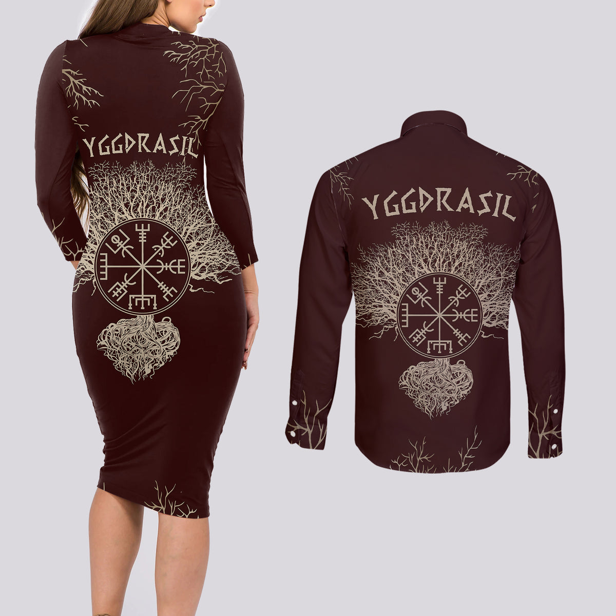 Viking Couples Matching Long Sleeve Bodycon Dress and Long Sleeve Button Shirts Yggdrasil Pattern And Ancient Rune - Wonder Print Shop