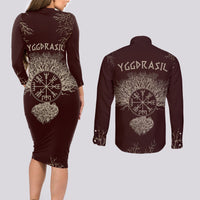 Viking Couples Matching Long Sleeve Bodycon Dress and Long Sleeve Button Shirts Yggdrasil Pattern And Ancient Rune - Wonder Print Shop