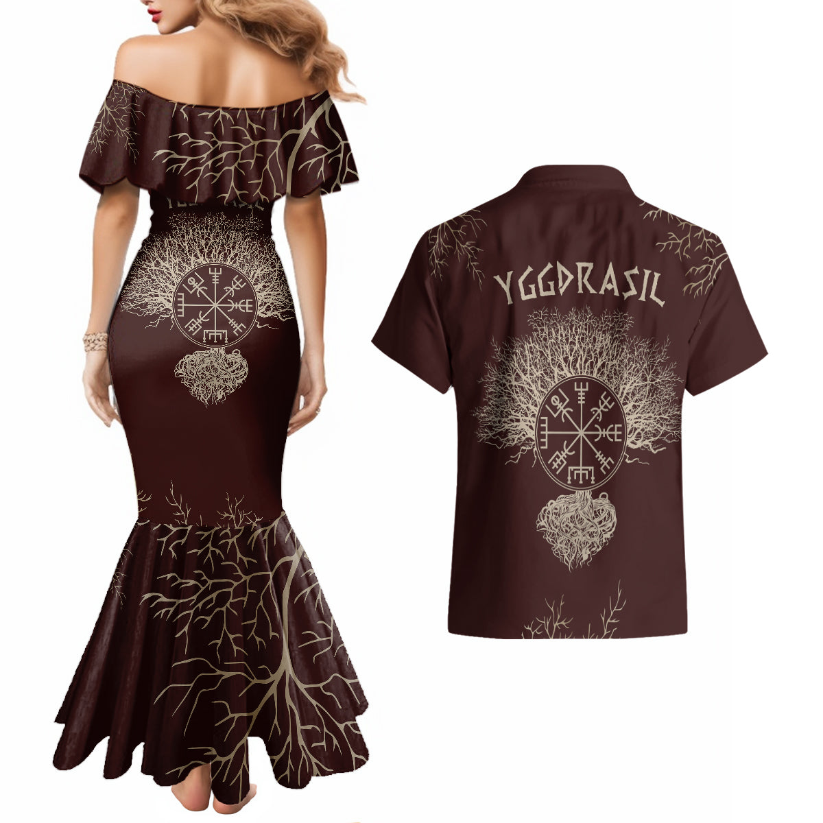 Viking Couples Matching Mermaid Dress and Hawaiian Shirt Yggdrasil Pattern And Ancient Rune - Wonder Print Shop