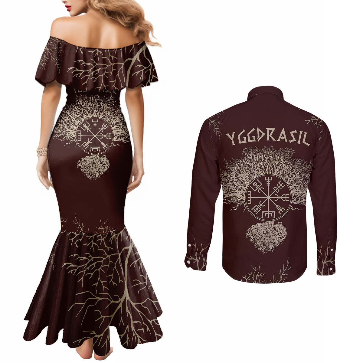 viking-couples-matching-mermaid-dress-and-long-sleeve-button-shirts-yggdrasil-pattern-and-ancient-rune