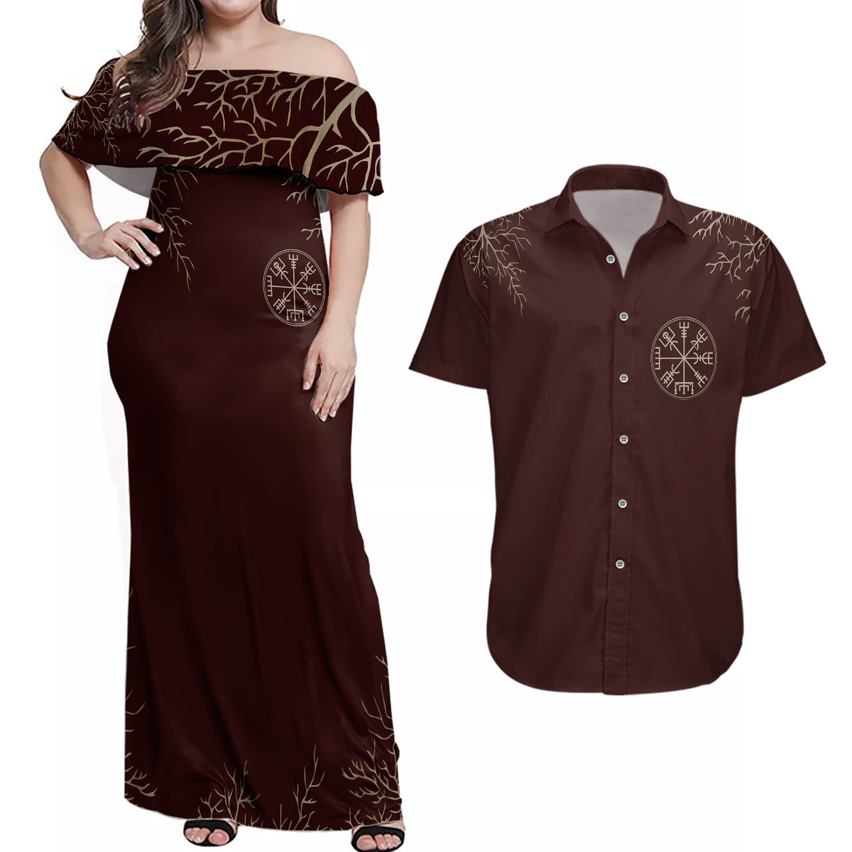 Viking Couples Matching Off Shoulder Maxi Dress and Hawaiian Shirt Yggdrasil Pattern And Ancient Rune - Wonder Print Shop