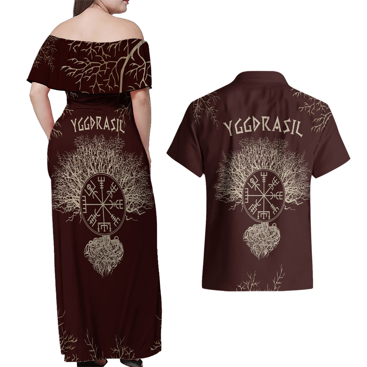 Viking Couples Matching Off Shoulder Maxi Dress and Hawaiian Shirt Yggdrasil Pattern And Ancient Rune - Wonder Print Shop
