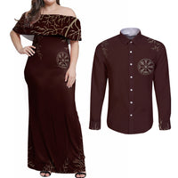 Viking Couples Matching Off Shoulder Maxi Dress and Long Sleeve Button Shirts Yggdrasil Pattern And Ancient Rune - Wonder Print Shop
