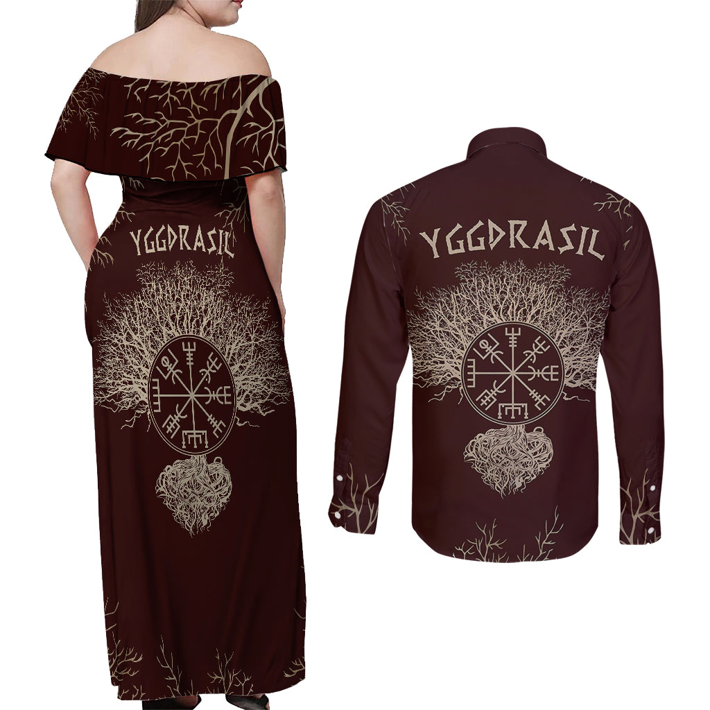 Viking Couples Matching Off Shoulder Maxi Dress and Long Sleeve Button Shirts Yggdrasil Pattern And Ancient Rune - Wonder Print Shop