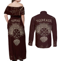 Viking Couples Matching Off Shoulder Maxi Dress and Long Sleeve Button Shirts Yggdrasil Pattern And Ancient Rune - Wonder Print Shop