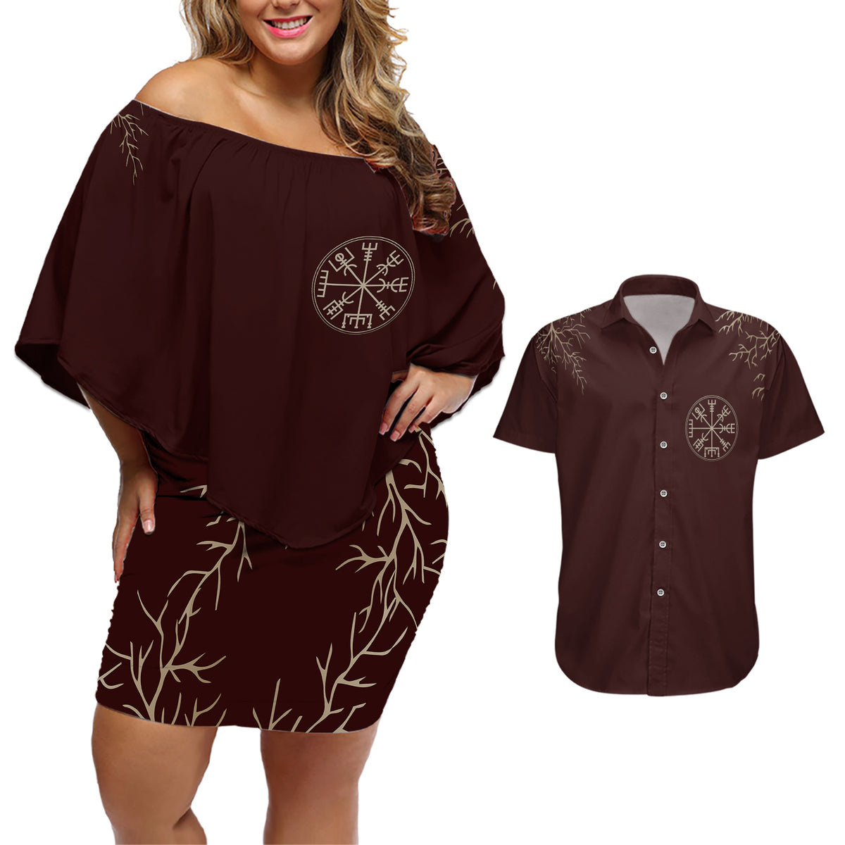 Viking Couples Matching Off Shoulder Short Dress and Hawaiian Shirt Yggdrasil Pattern And Ancient Rune - Wonder Print Shop