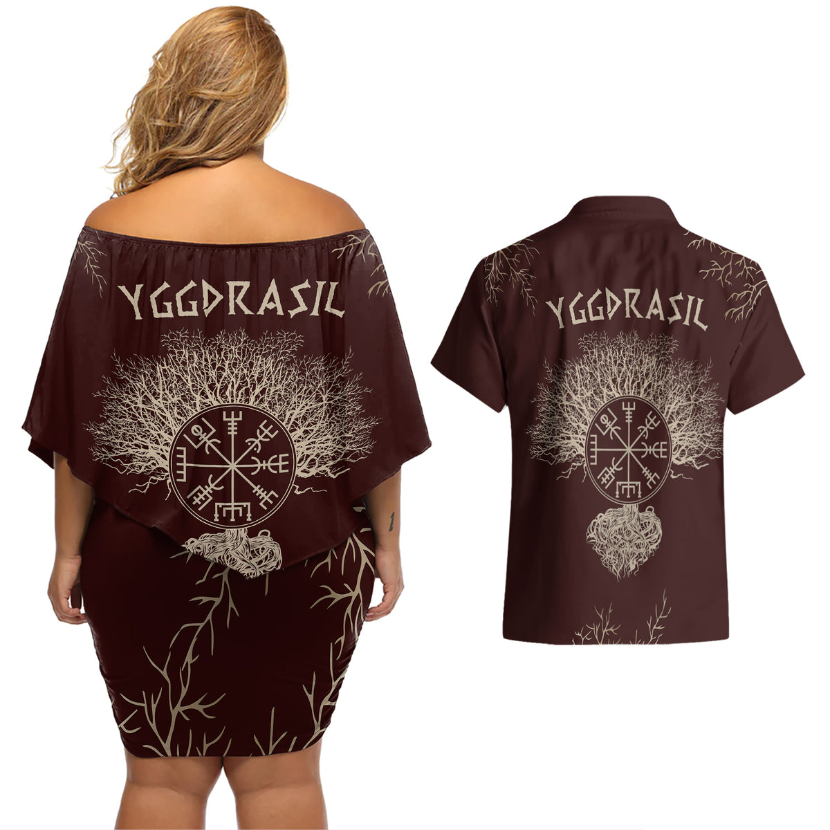 Viking Couples Matching Off Shoulder Short Dress and Hawaiian Shirt Yggdrasil Pattern And Ancient Rune - Wonder Print Shop