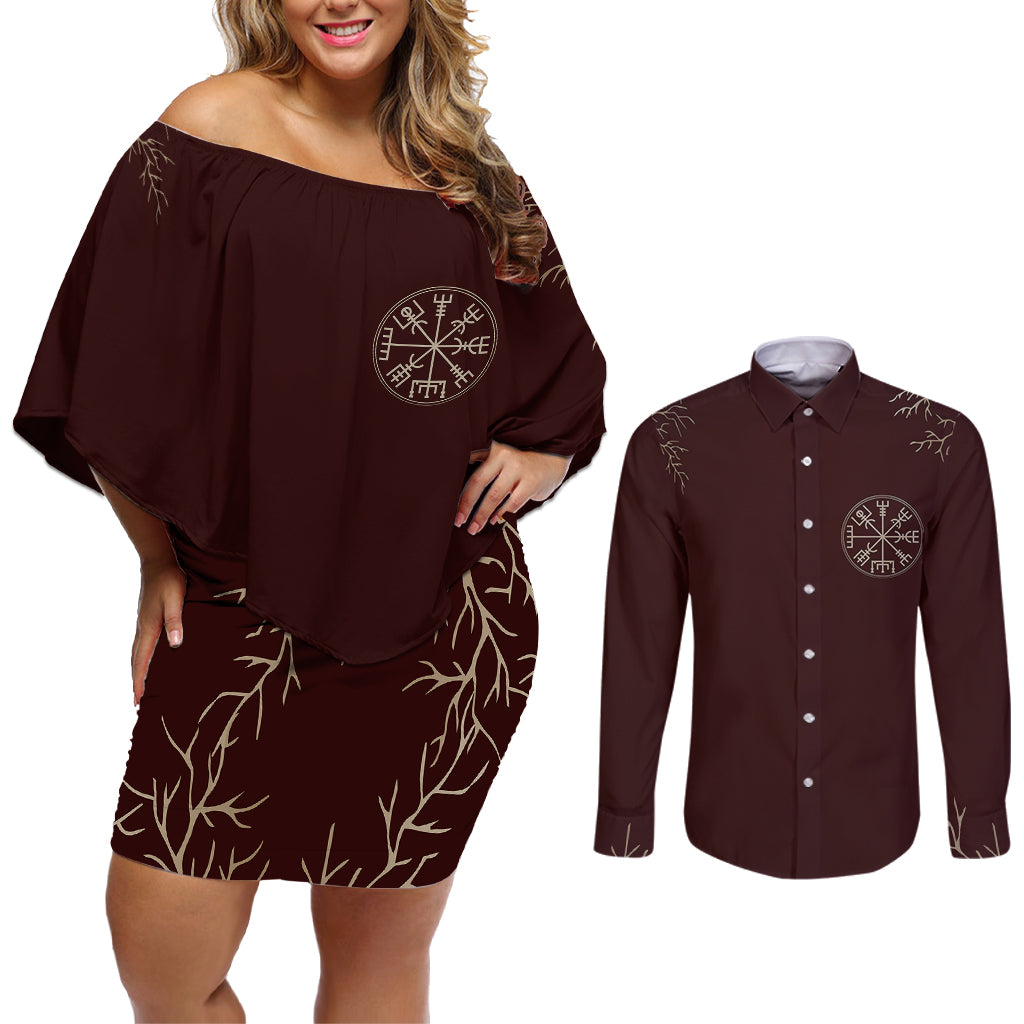 Viking Couples Matching Off Shoulder Short Dress and Long Sleeve Button Shirts Yggdrasil Pattern And Ancient Rune - Wonder Print Shop