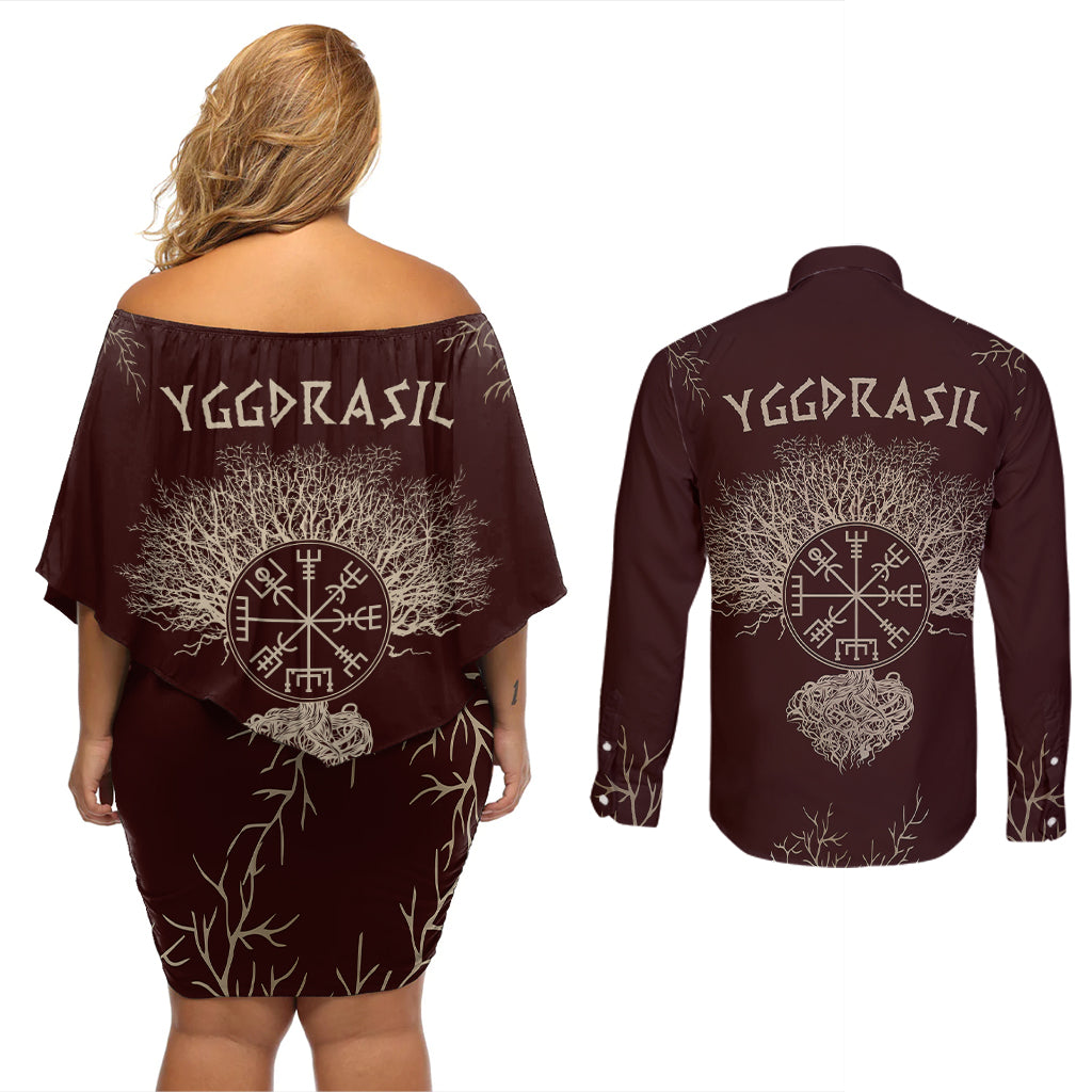 Viking Couples Matching Off Shoulder Short Dress and Long Sleeve Button Shirts Yggdrasil Pattern And Ancient Rune - Wonder Print Shop