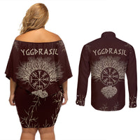 Viking Couples Matching Off Shoulder Short Dress and Long Sleeve Button Shirts Yggdrasil Pattern And Ancient Rune - Wonder Print Shop