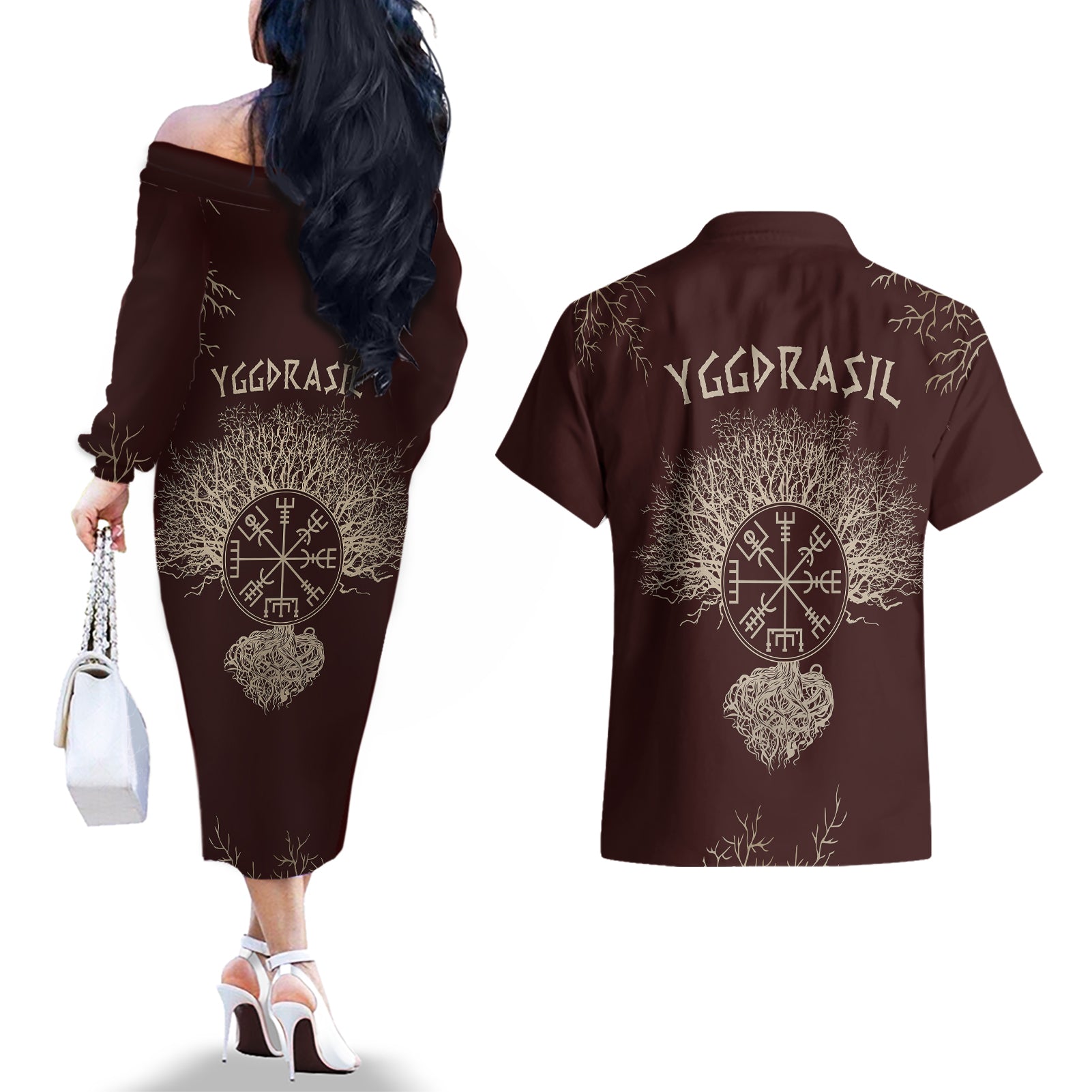 Viking Couples Matching Off The Shoulder Long Sleeve Dress and Hawaiian Shirt Yggdrasil Pattern And Ancient Rune - Wonder Print Shop